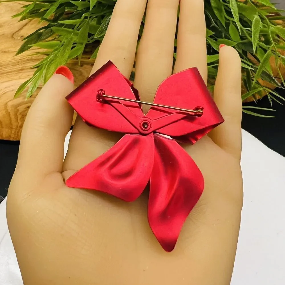 Vintage RED Metalic Satin Bow Ribbon Brooch Pin Crystal Accent Large Matte 1426